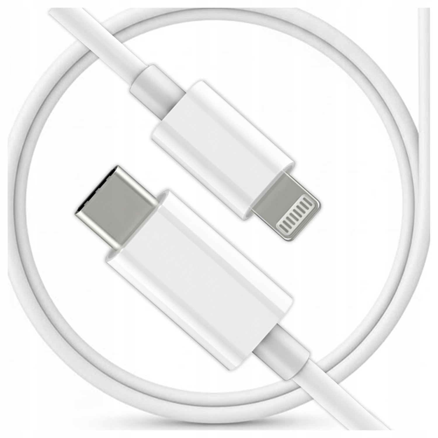 Biały kabel USB-C do Lightning zwinięty na białym tle.
