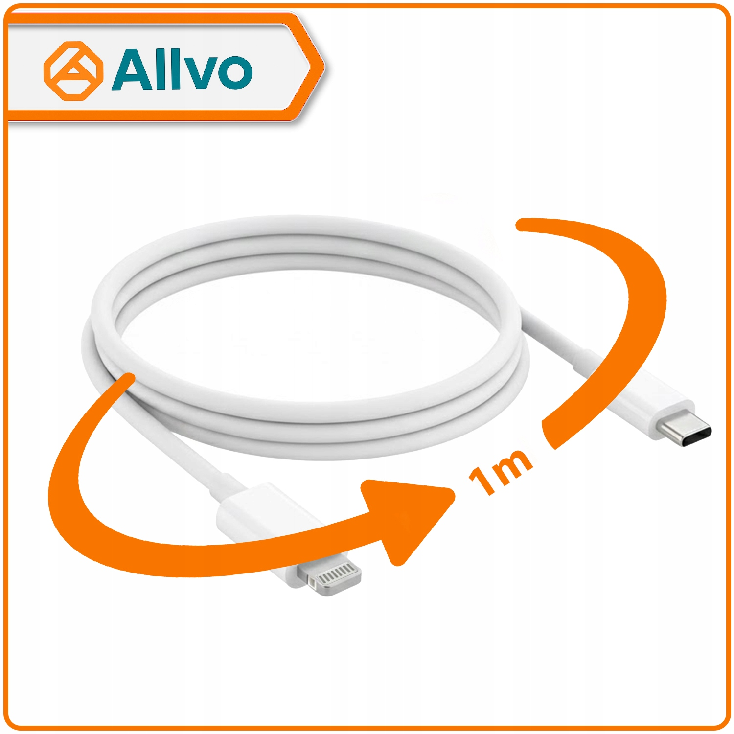 Biały kabel ładujący 1m USB-C do Lightning firmy Allvo na białym tle.