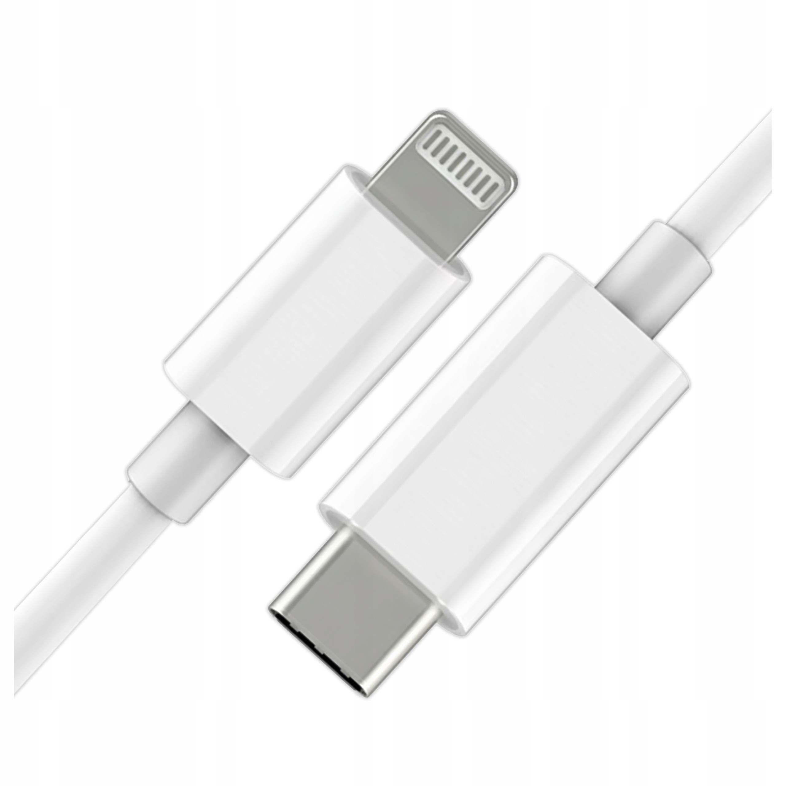 Biały kabel USB-C i kabel lightning na białym tle.