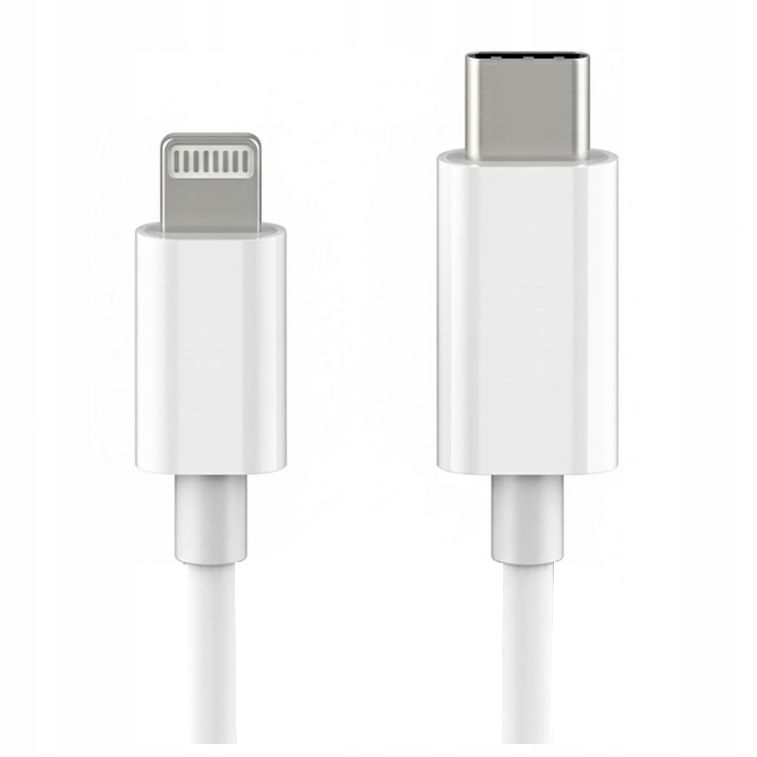 Dwa białe kable ładujące, złącze Lightning po lewej i złącze USB-C po prawej.