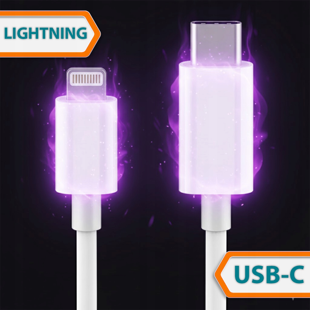 Kabel Lightning i USB-C świecą magicznie na fioletowo na ciemnym tle.