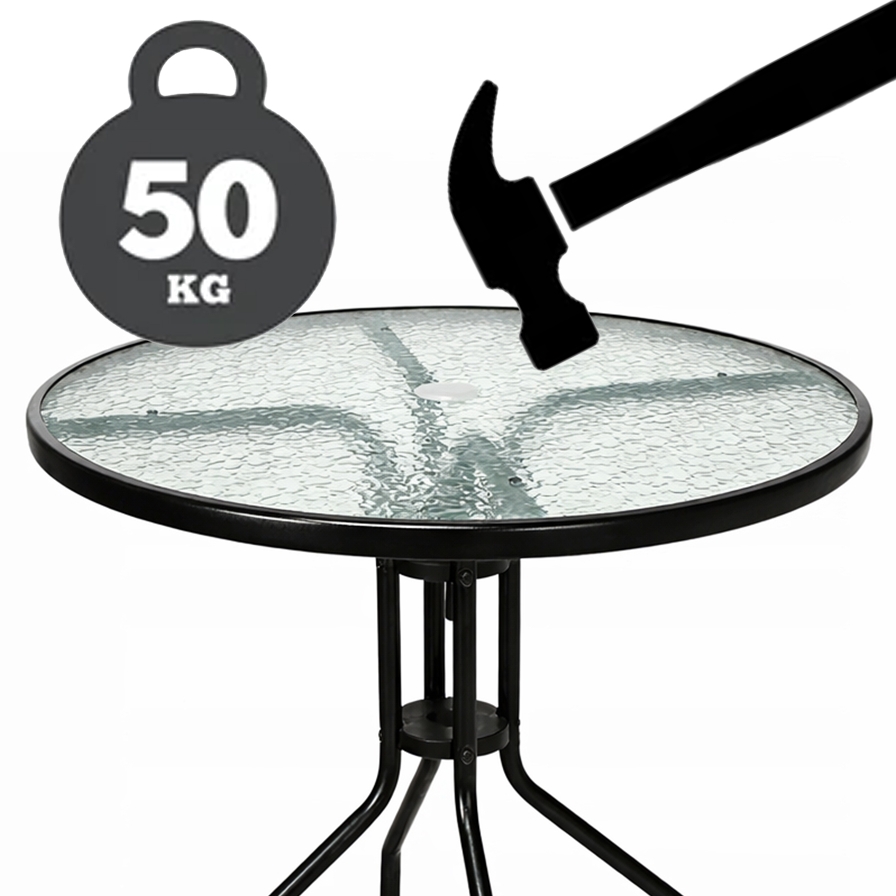 Okrągły stół szklany z metalową ramą, symbolem wagi 50 kg i młotkiem.
