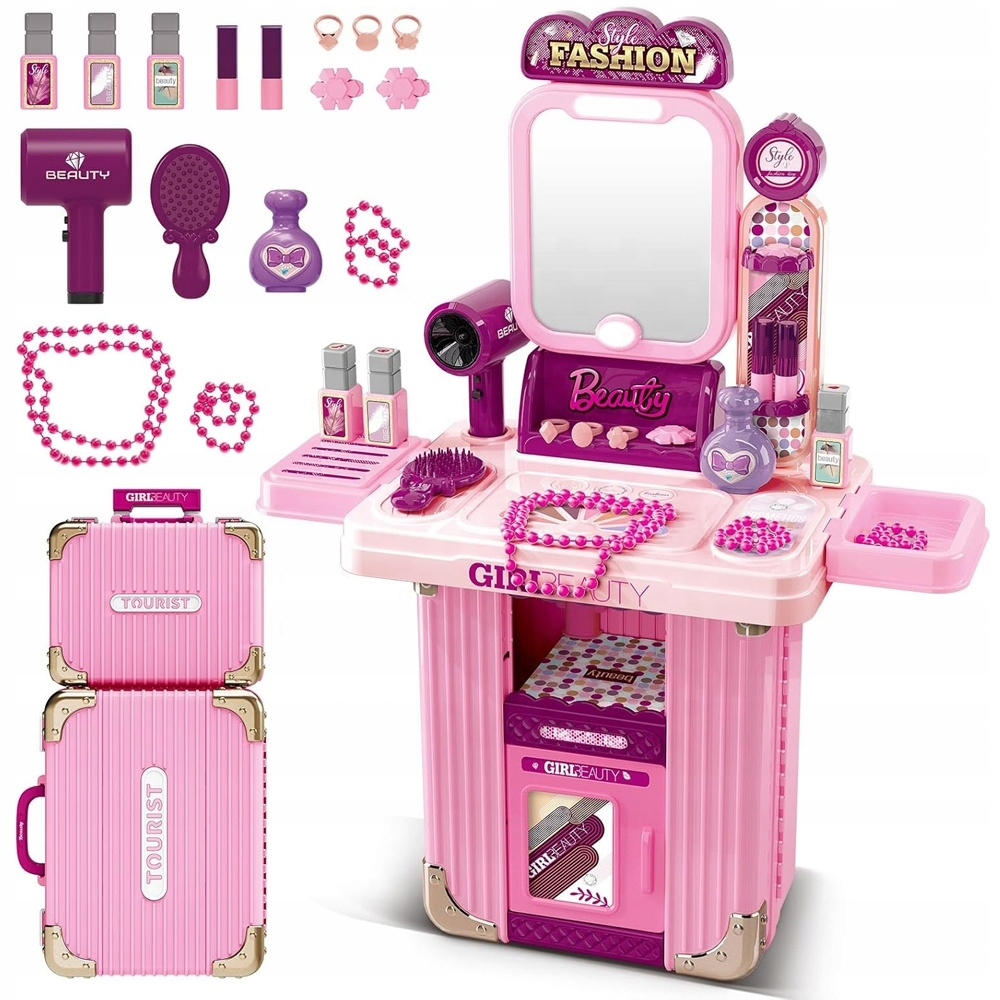 Różowa toaletka dla dzieci z akcesoriami takimi jak suszarka, perfumy i biżuteria, zamieniana w walizkę.