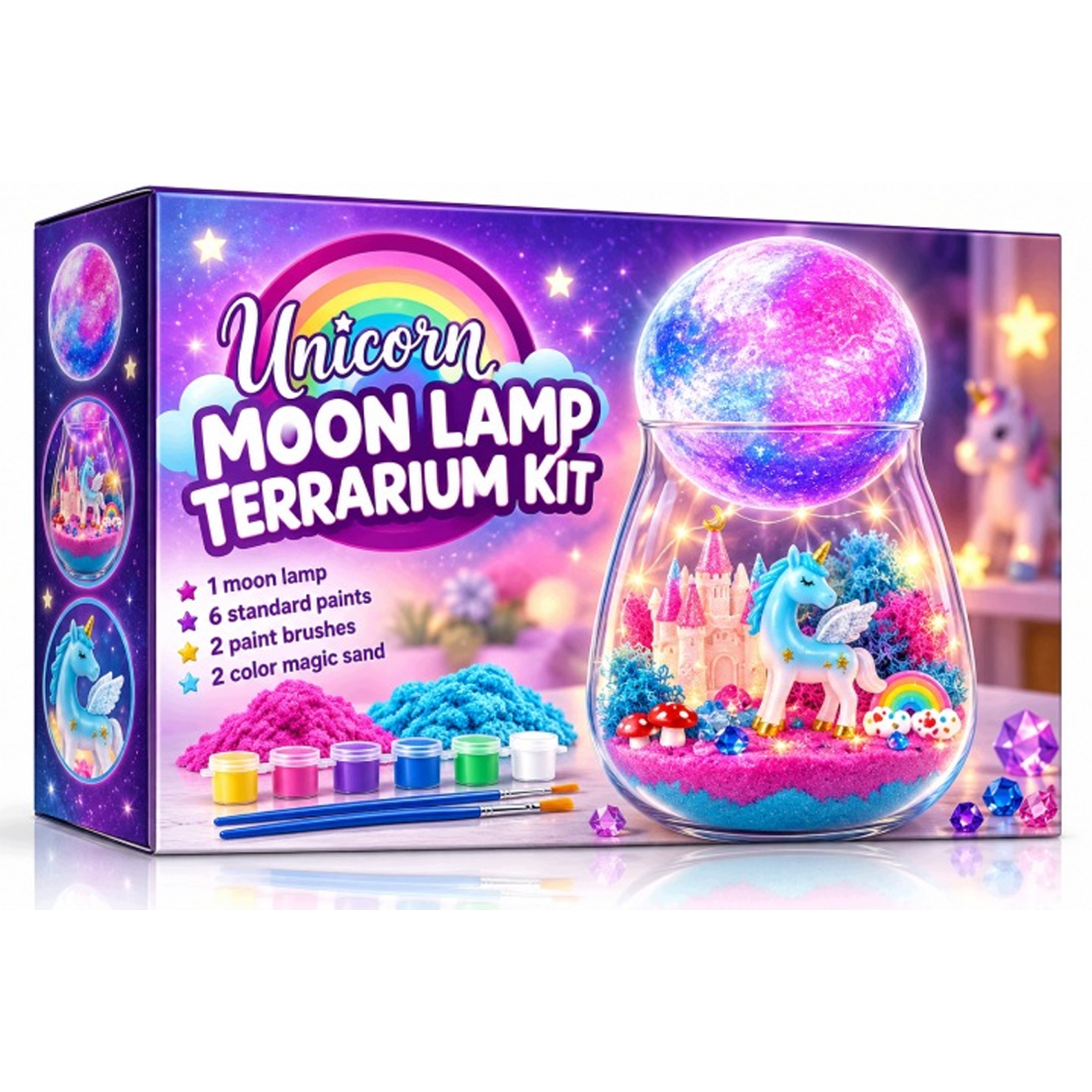 Zestaw terrarium z lampką księżycową jednorożca z piaskiem, figurką jednorożca, zamkiem i księżycem.
