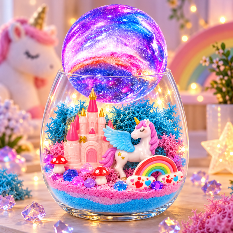 Szklane terrarium zawiera różowy zamek, uskrzydlonego jednorożca, tęczę i świecącą kulę galaktyki.