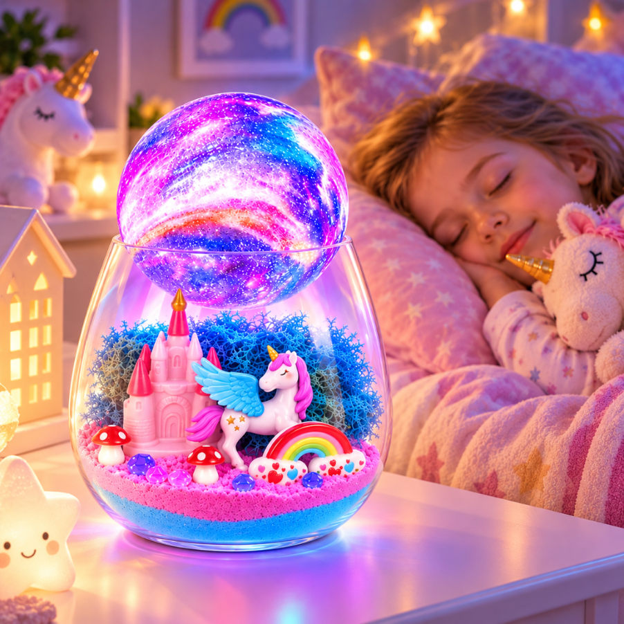 Świetlista kula galaktyki na terrarium z różowym zamkiem, jednorożcem i śpiącym dzieckiem.