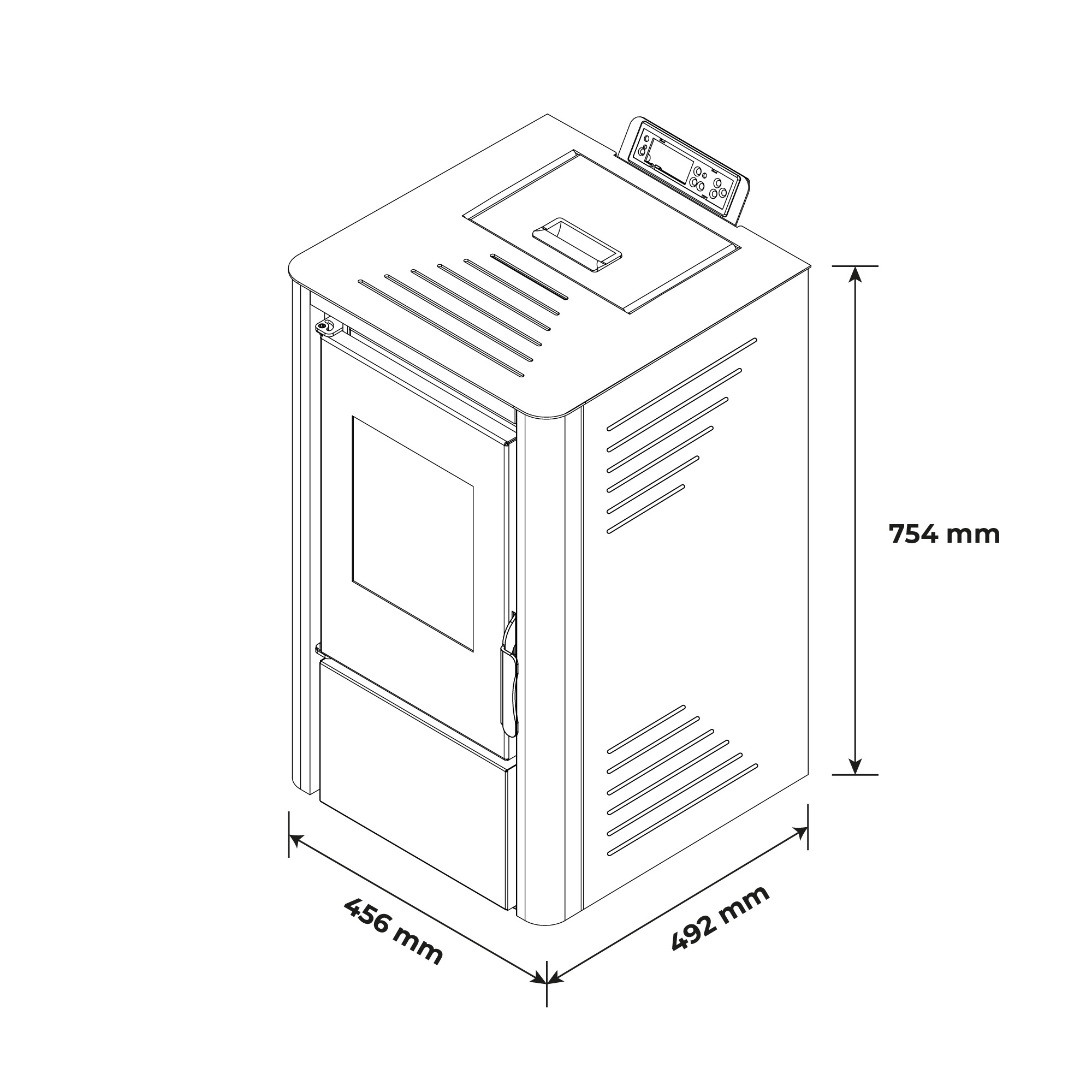 Disegno tecnico di una stufa a pellet con dimensioni: 754 mm di altezza, 456 mm di larghezza e 492 mm di profondità.
