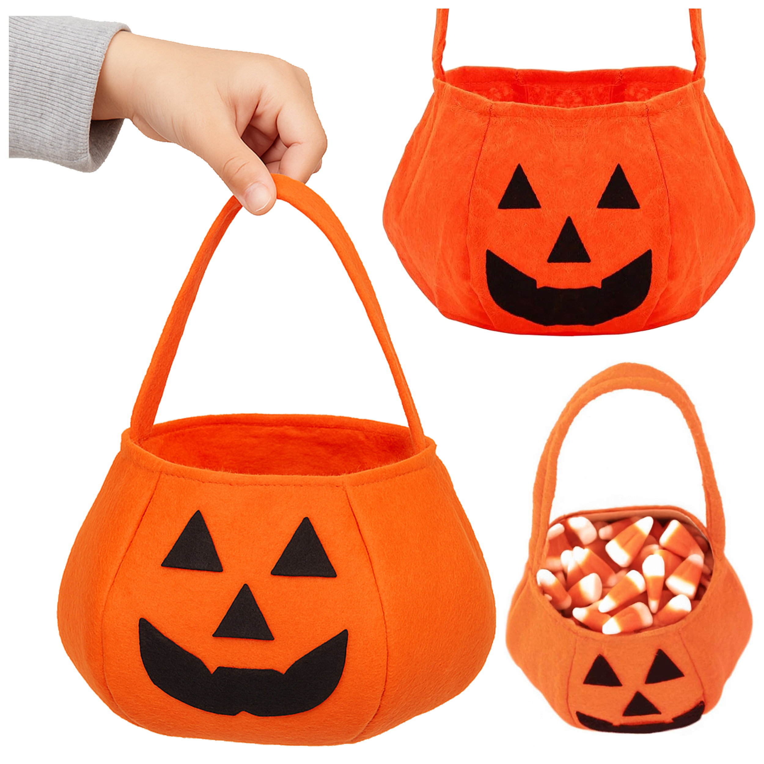 Pomarańczowy filcowy koszyczek na Halloween w kształcie dyni z twarzą, pusty, trzymany przez dziecko i wypełniony cukierkami.