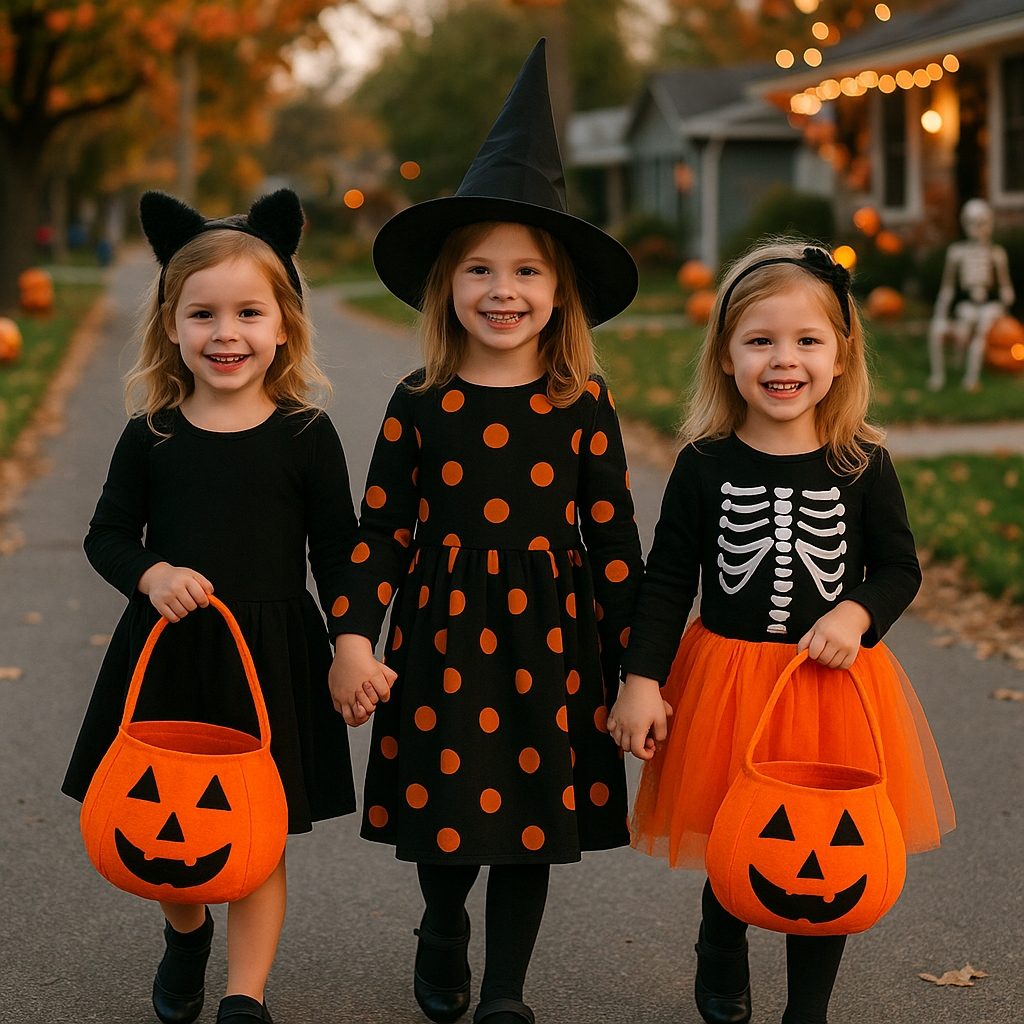 Trzy dziewczynki w kostiumach na Halloween trzymają wiadra z dyniami.