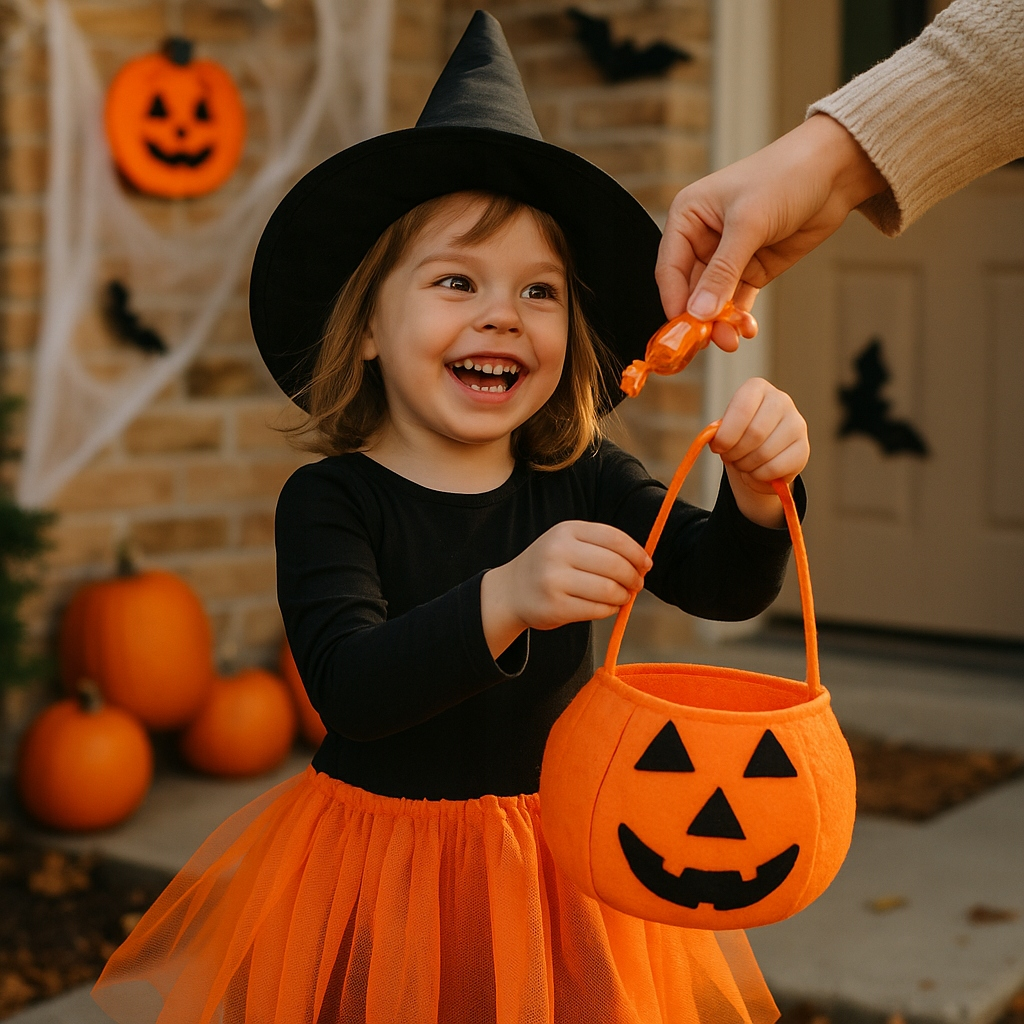 Mała dziewczynka w stroju czarownicy otrzymuje cukierek na Halloween od dorosłego, w tle widoczne są dynie.