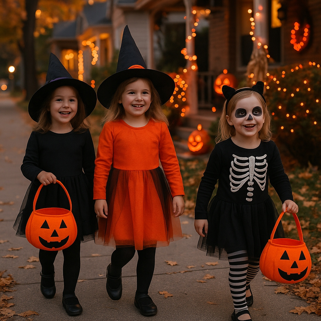 Trójca dzieci w strojach na Halloween trzyma wiaderska w kształcie dyni na jesiennym chodniku przed oświetlonym domem.