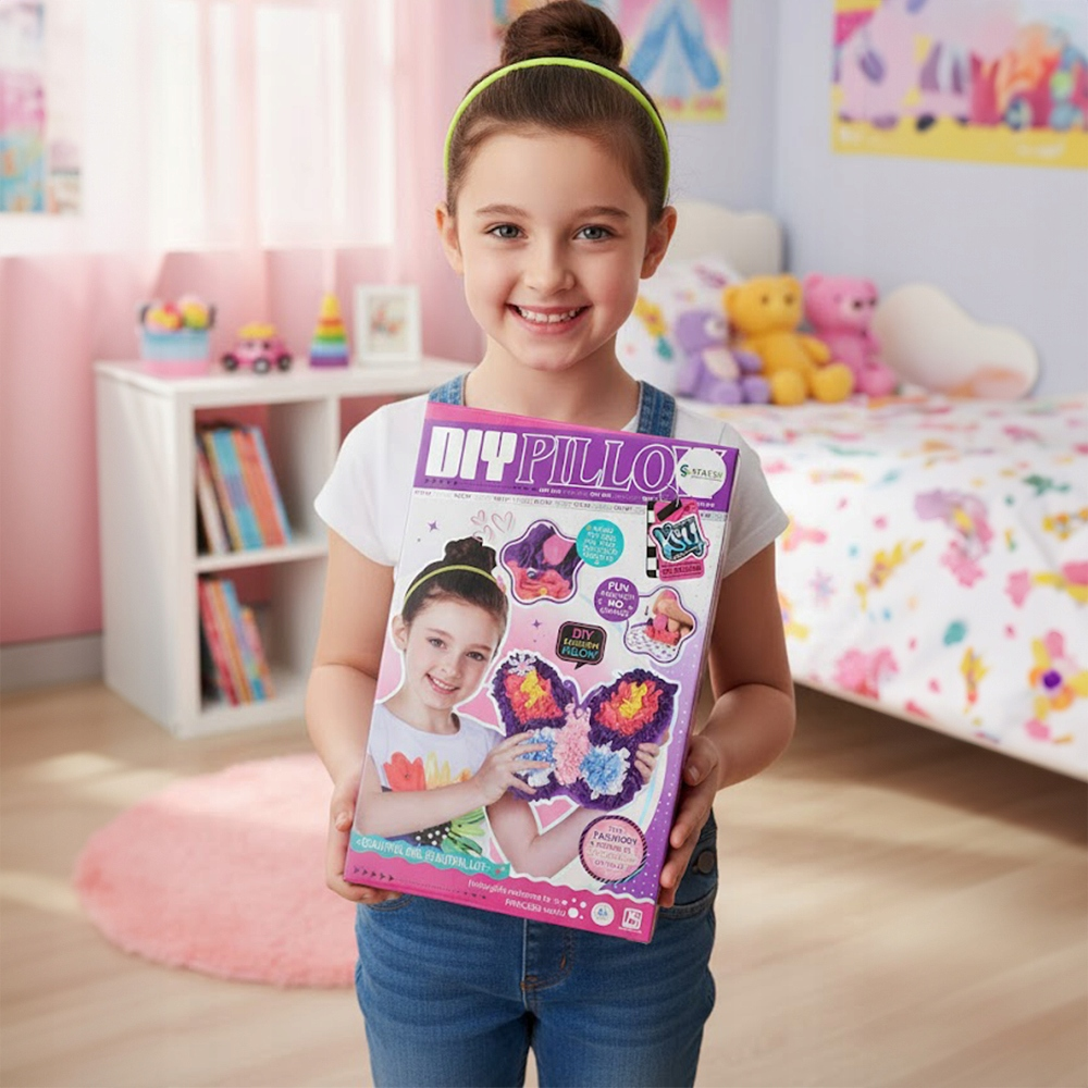 Uśmiechnięta dziewczynka trzyma pudełko z zestawem do poduszek DIY w kolorowym pokoju.