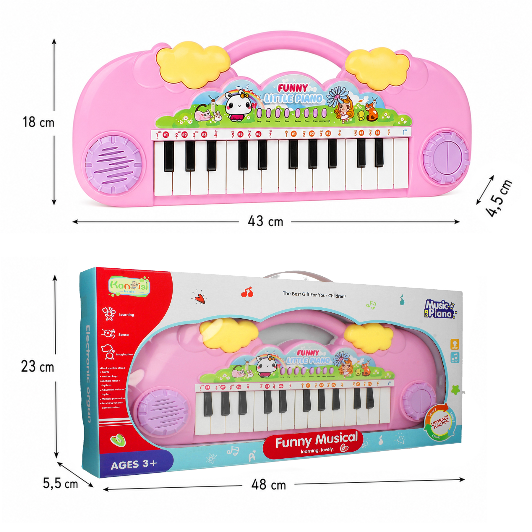 Różowe pianinko dla dzieci o wymiarach 43x18x4,5 cm i jego opakowanie.