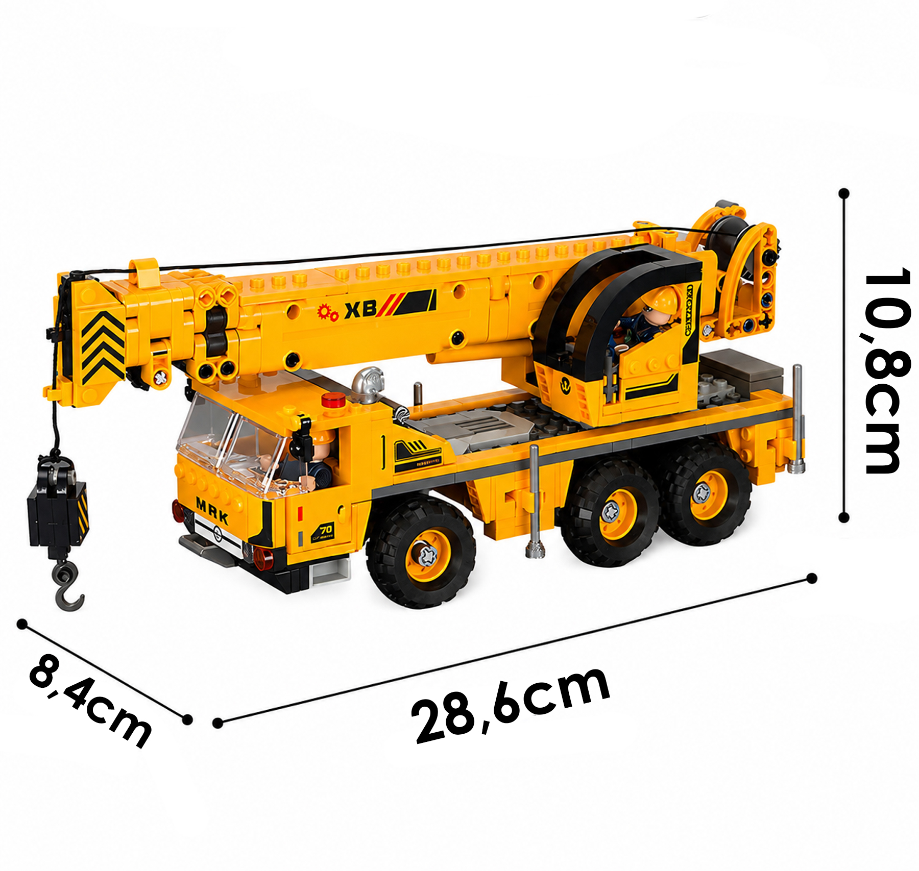 Żółty zabawkowy dźwig z klocków o wymiarach 28,6 cm długości, 8,4 cm szerokości i 10,8 cm wysokości.