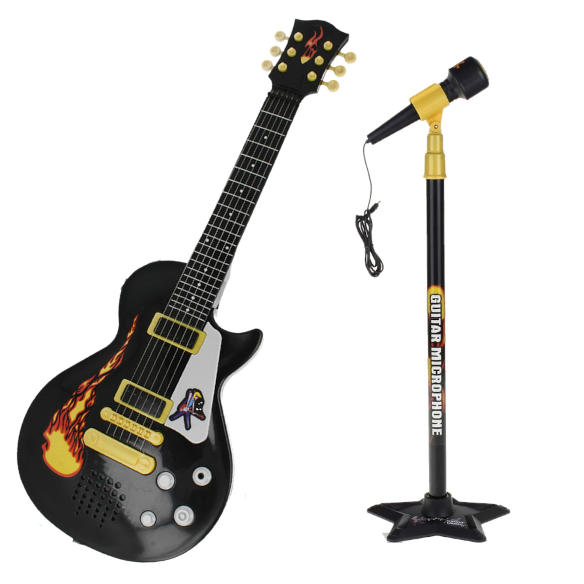 Czarny zestaw z gitarą-zabawką z motywem płomieni i pasującym mikrofonem na statywie.
