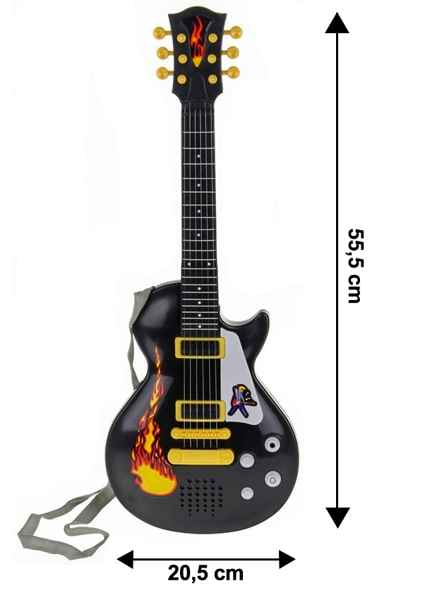 Czarna elektryczna gitara zabawkowa z motywem płomieni i paskiem, długość 55,5 cm.