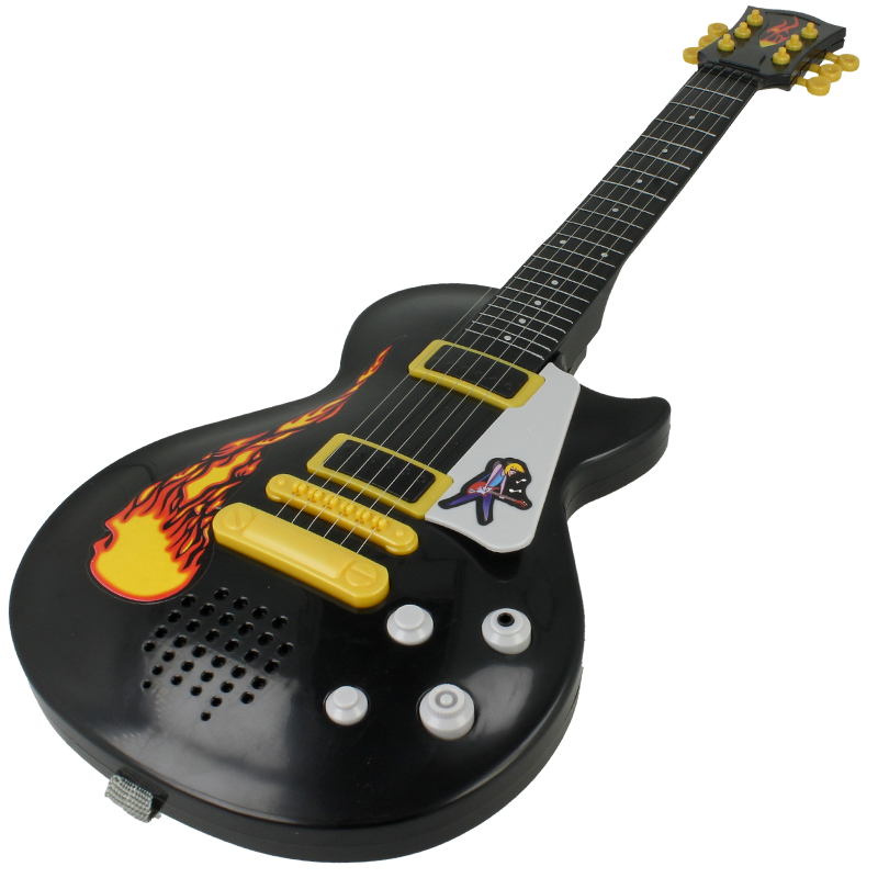 Czarna plastikowa zabawana gitara elektryczna z żółtymi płomieniami, białymi pokrętłami i głośnikiem.