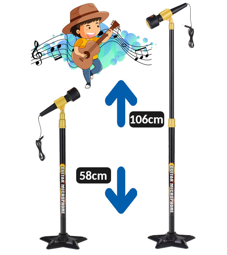Regulowany mikrofon i stojak na gitarę o wysokości od 58 cm do 106 cm, z rysunkowym chłopcem grającym na gitarze.