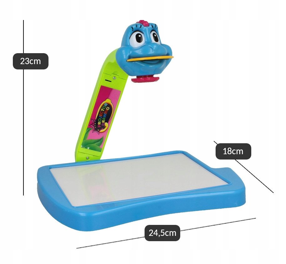 Niebiesko-zielony projektor do rysowania dla dzieci o wymiarach: wysokość 23 cm, szerokość 24,5 cm i głębokość 18 cm.