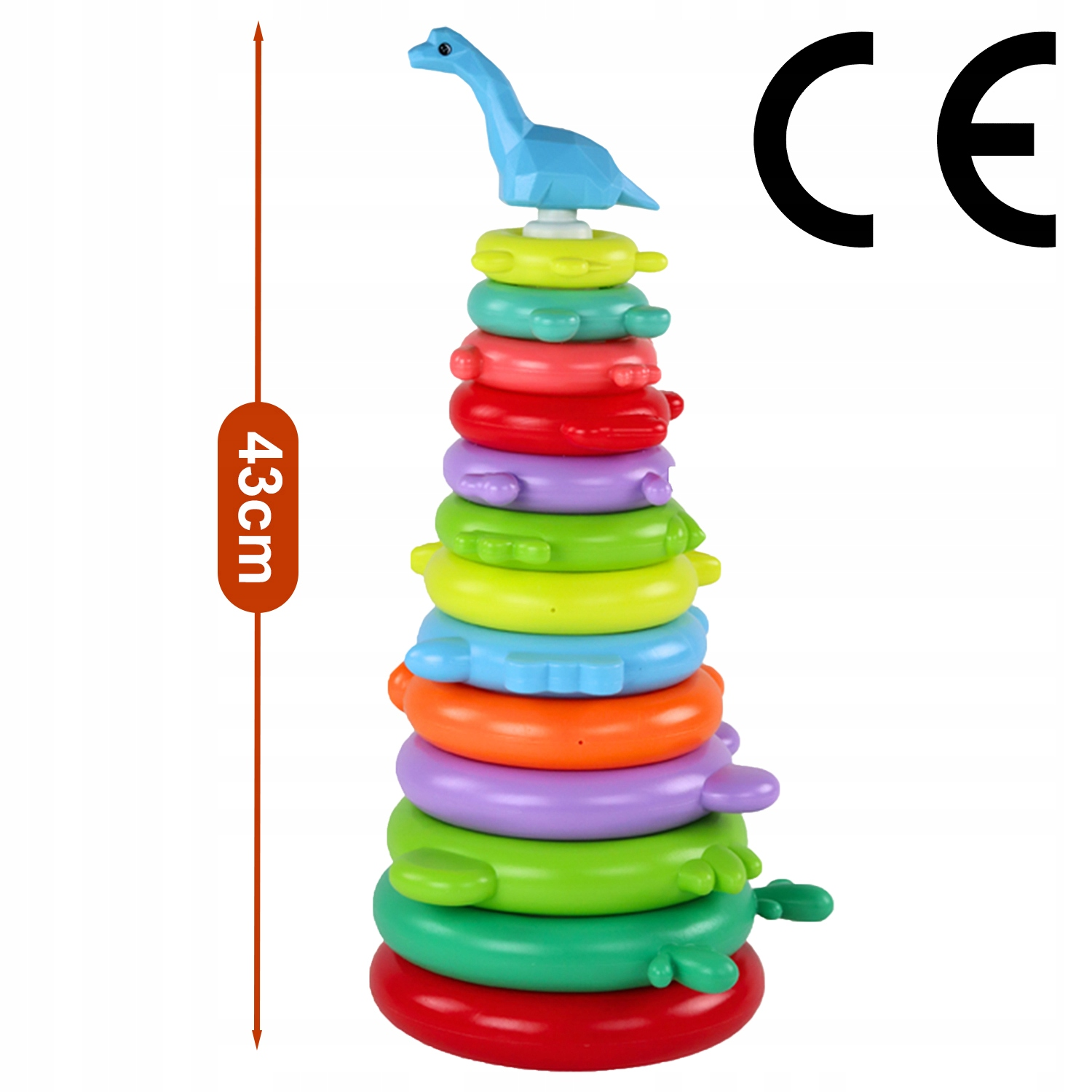 Kolorowa, stożkowa wieża do układania o wysokości 43 cm z niebieską figurką dinozaura na szczycie.