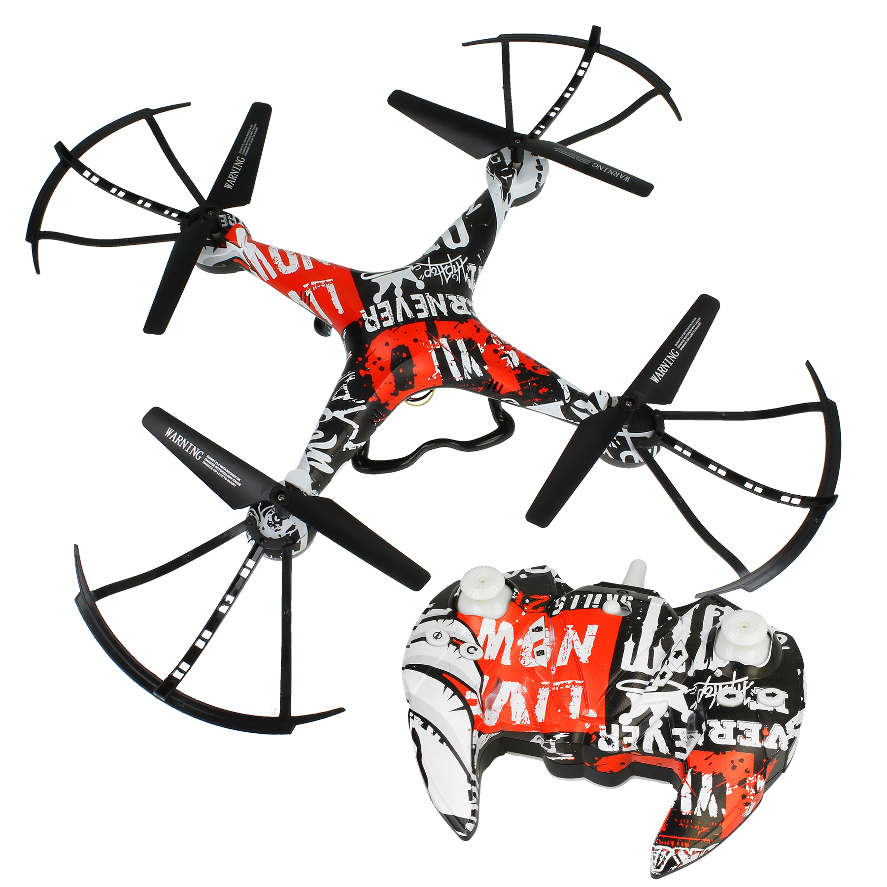 Biało-czarno-czerwony dron z osłonami śmigieł i pasującym pilotem na białym tle.