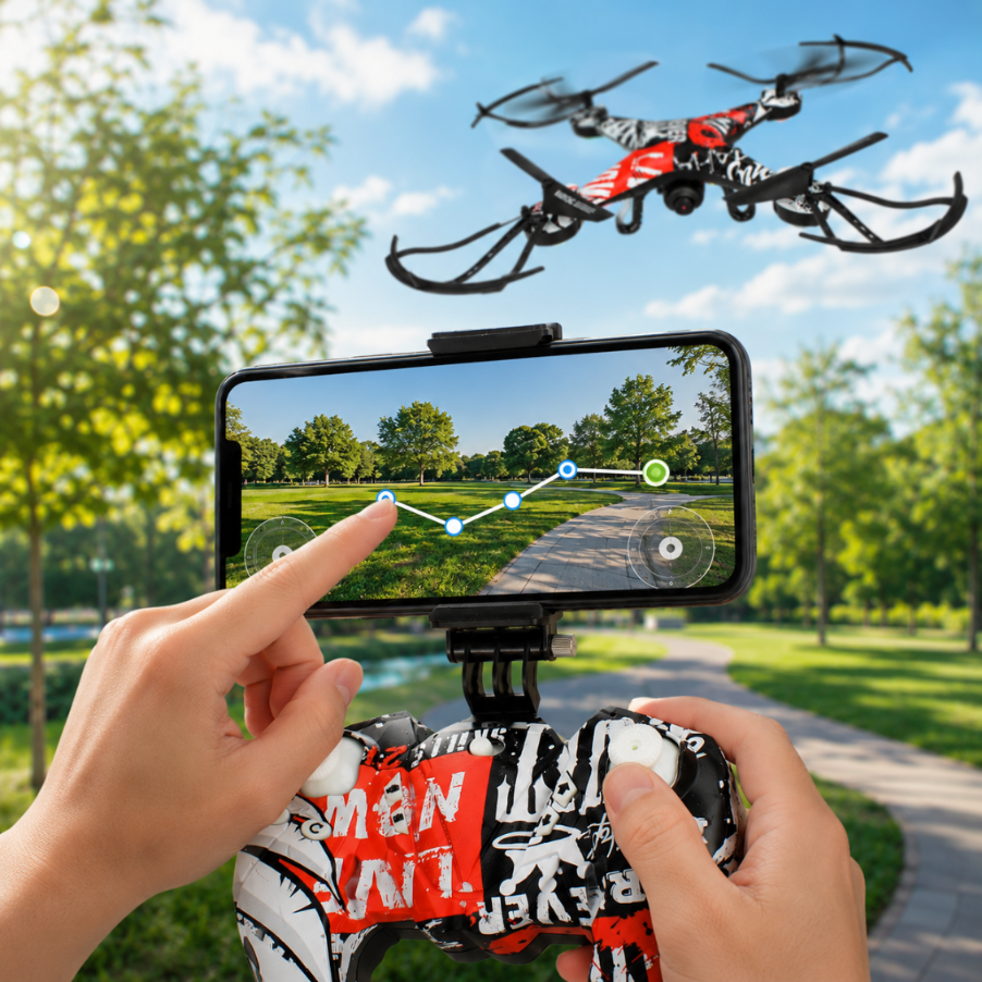 Osoba steruje czerwono-czarnym dronem za pomocą kontrolera i smartfona w parku.