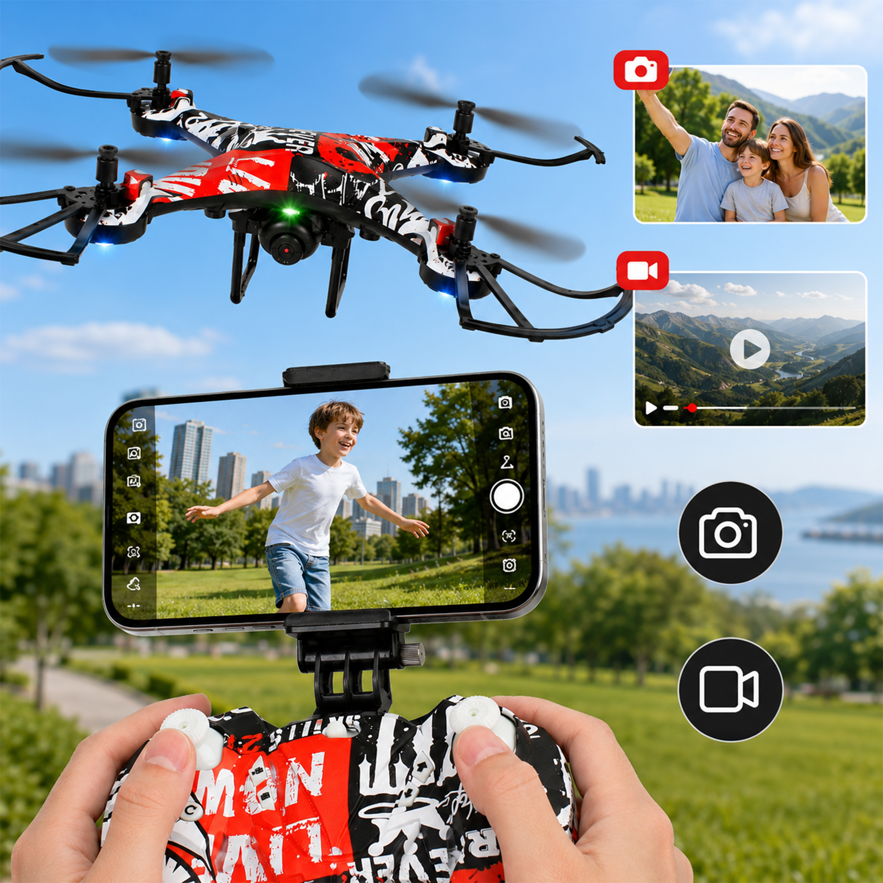 Czerwony dron leci, kontrolowany przez dłonie trzymające smartfon z biegnącym chłopcem.