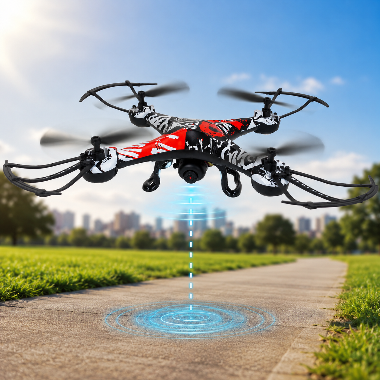 Czerwono-biały dron leci nad ścieżką w parku, emitując niebieskie fale sygnałowe w stronę ziemi.