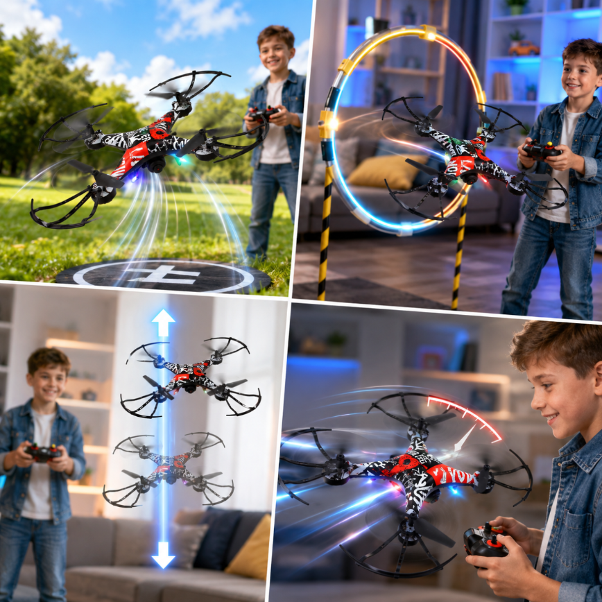 Chłopiec steruje kolorowym dronem w czterech różnych scenach wewnątrz i na zewnątrz.