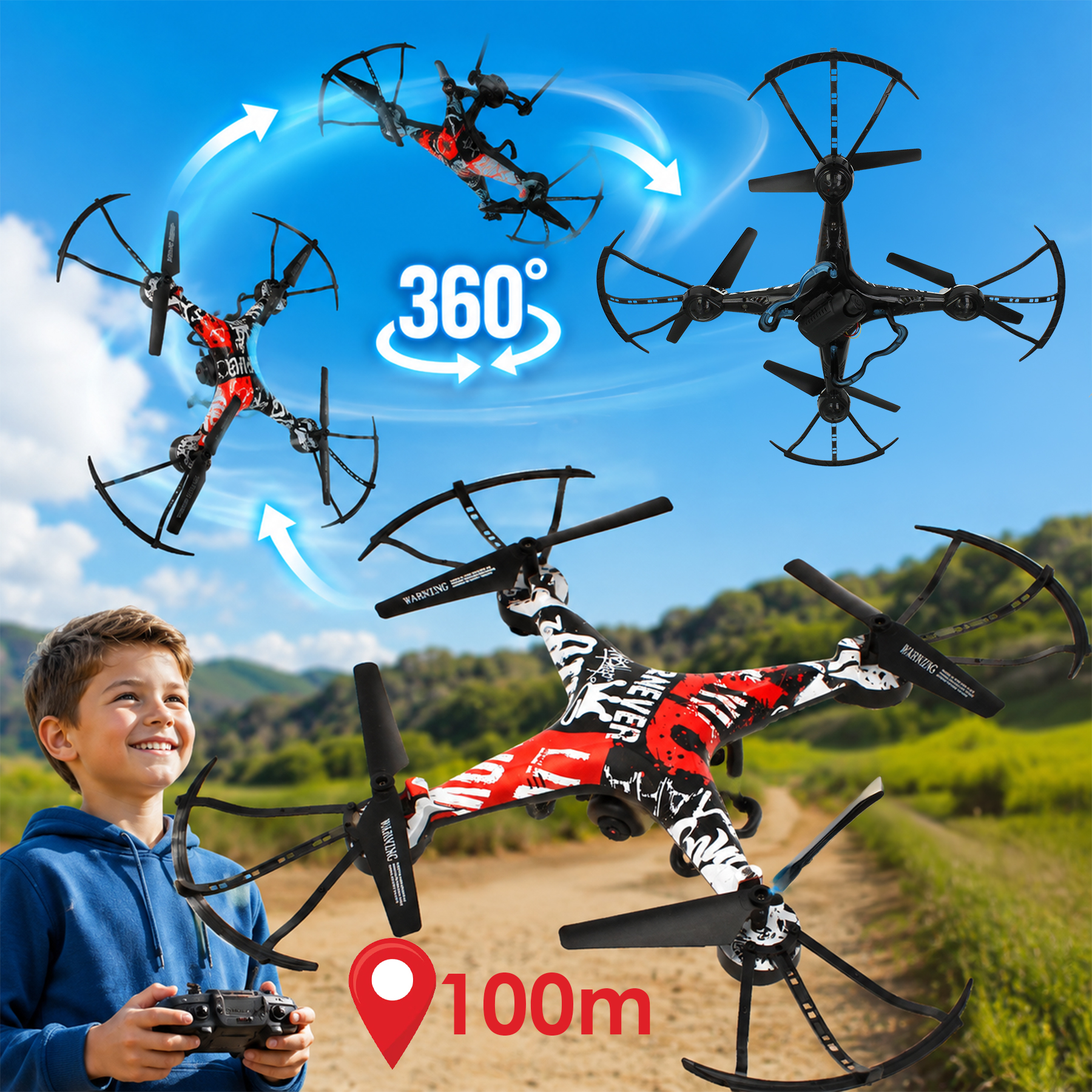Chłopiec steruje kolorowym dronem na zewnątrz na tle górzystego krajobrazu.