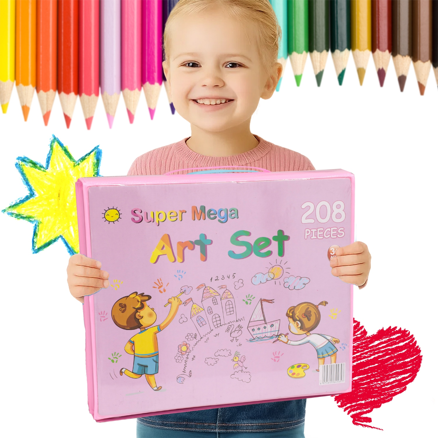 Uśmiechnięte dziecko trzyma różowe pudełko "Super Mega Art Set" z kolorowymi kredkami w tle.