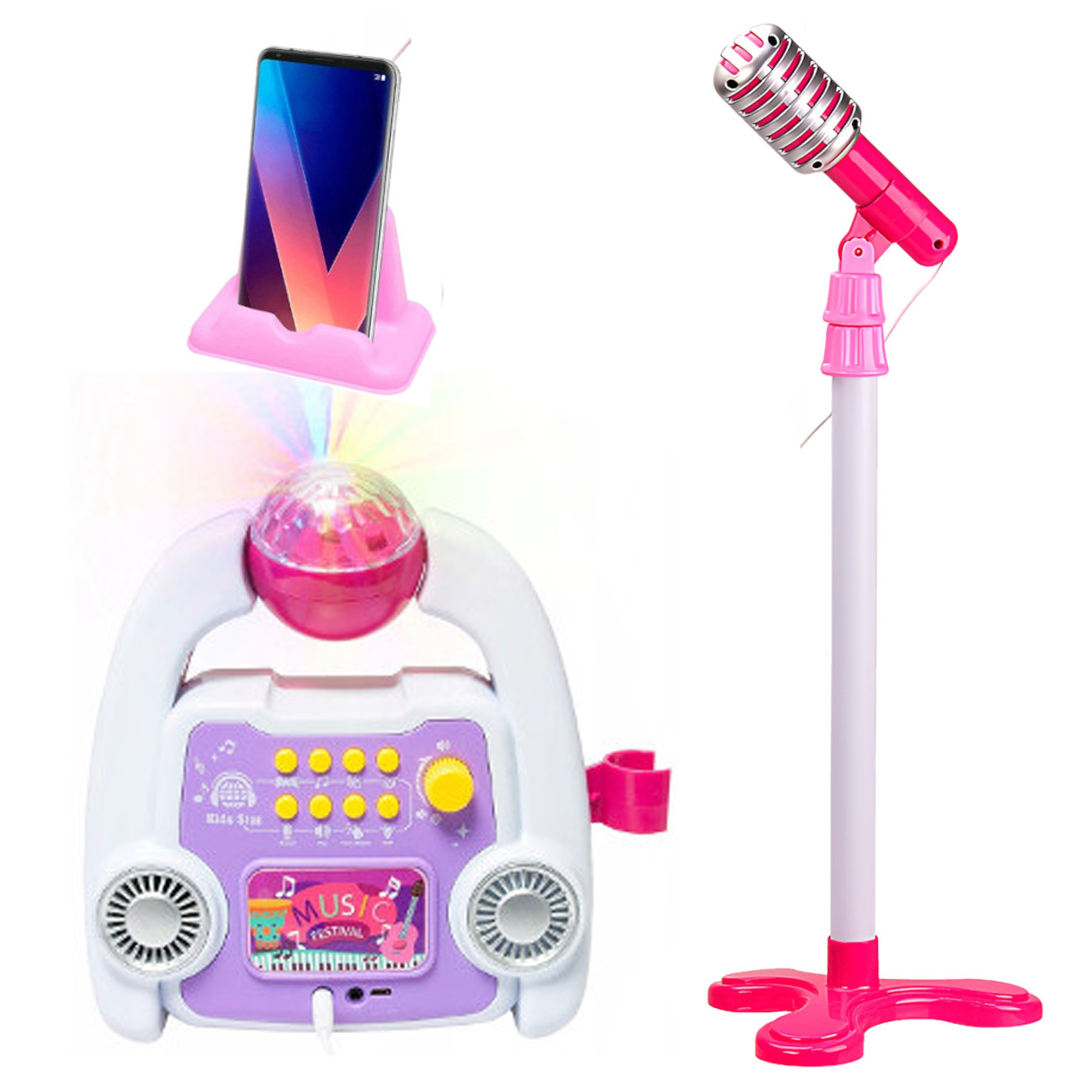 Różowa zabawka do karaoke z uchwytem na telefon, kulą świetlną i mikrofonem na stojaku.