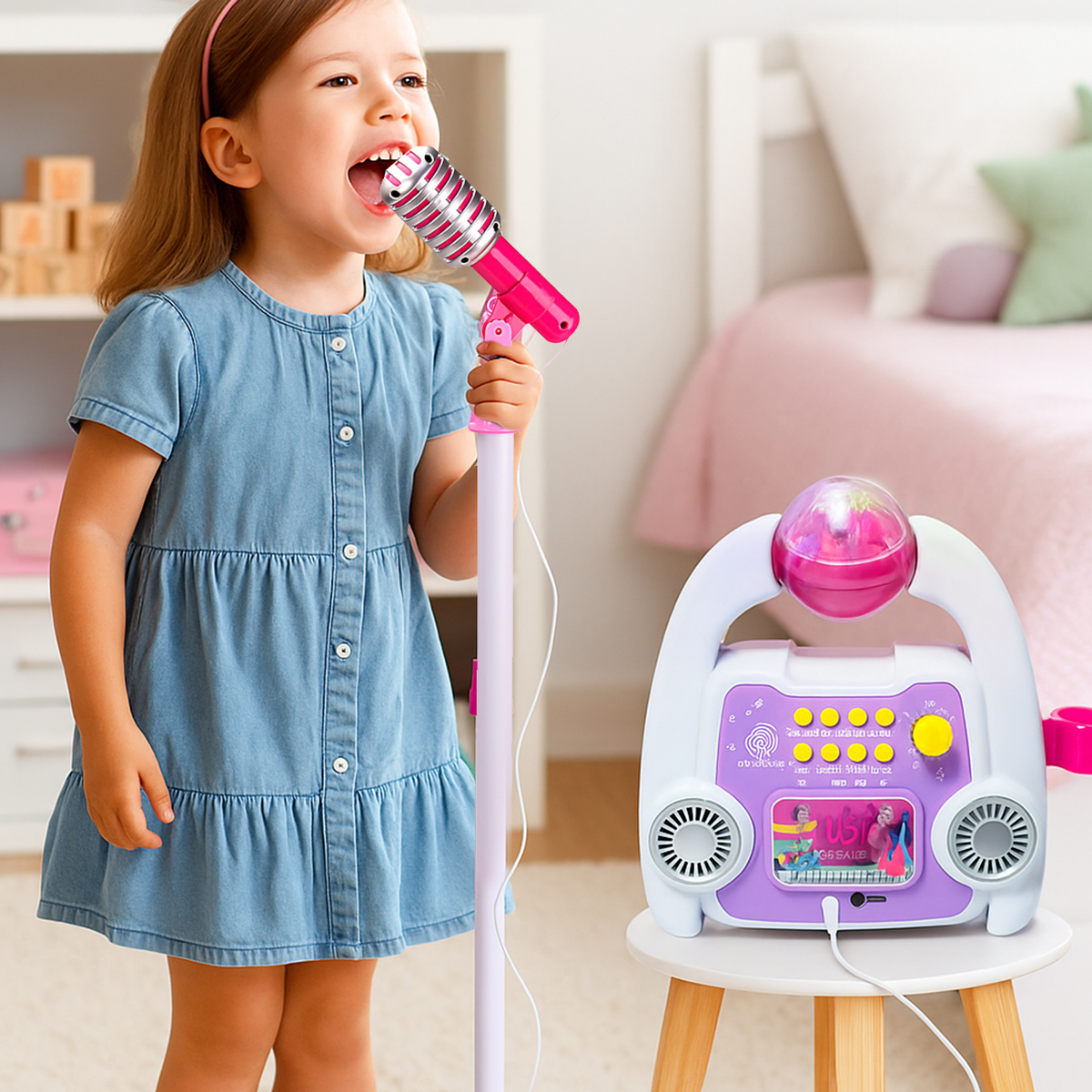 Młoda dziewczynka w niebieskiej sukience radośnie śpiewa do różowego mikrofonu przed maszyną do karaoke w pokoju.