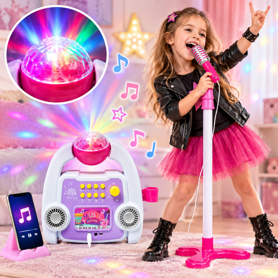 Dziewczyna w stroju rockowym śpiewa do mikrofonu, obok maszyny do karaoke i telefonu.