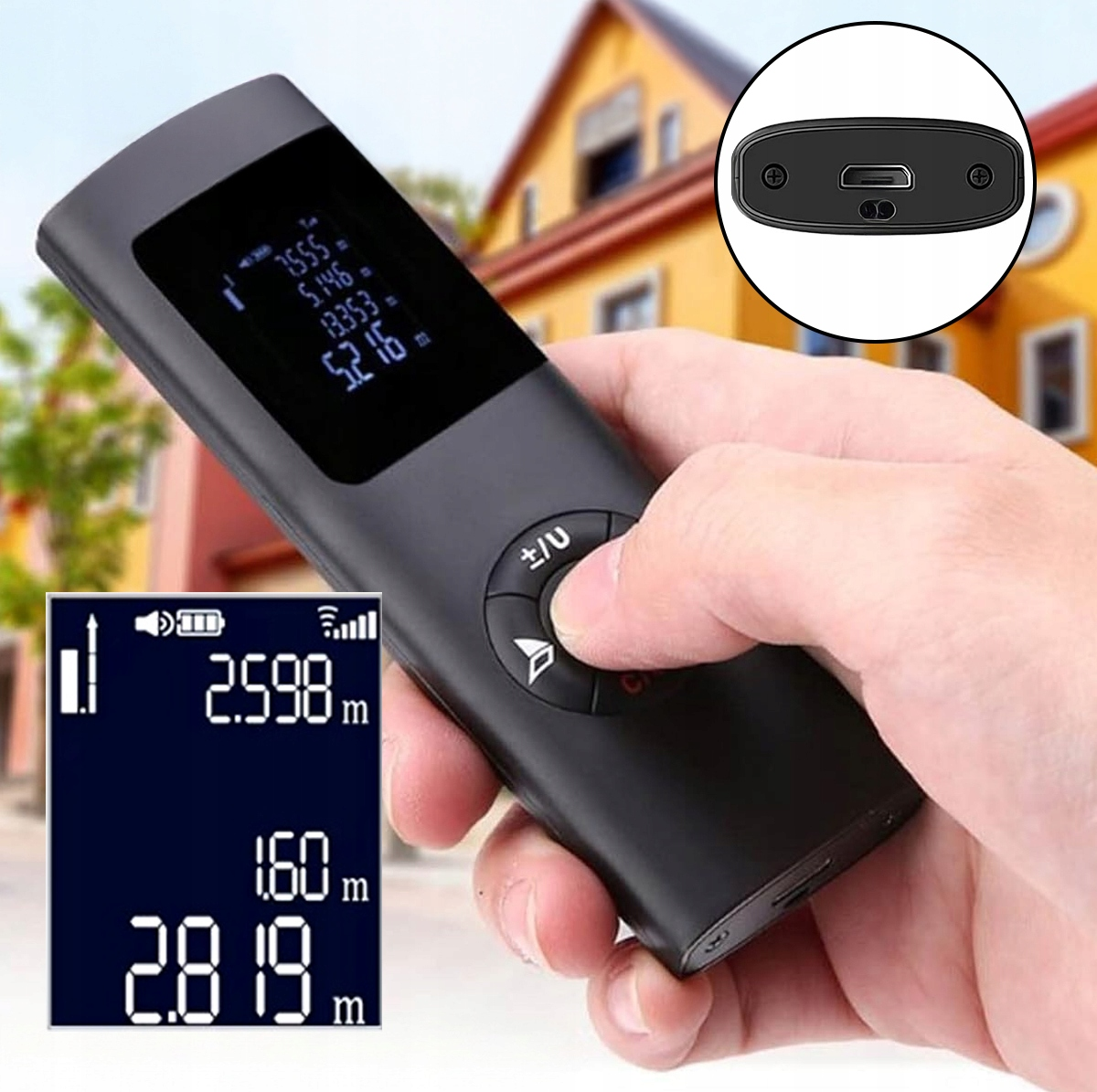 Ręka trzyma czarny dalmierz laserowy na rozmytym tle, z wstawkami ekranu i portu USB.