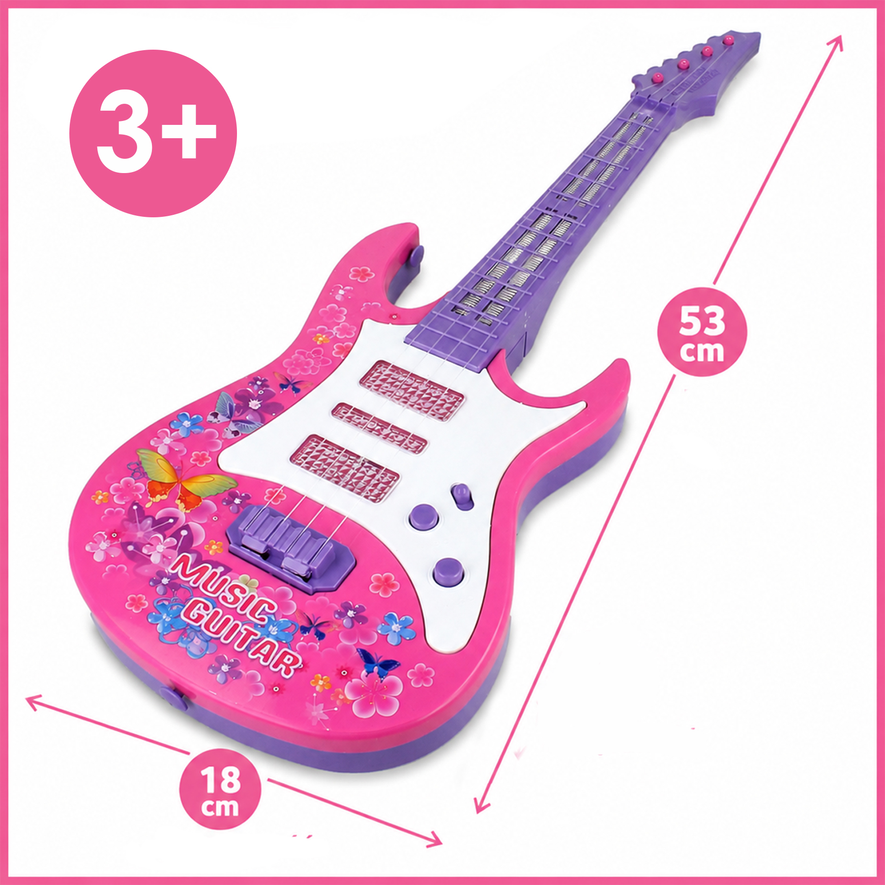 Różowo-fioletowa gitara zabawka z motywem kwiatów i motyli, o wymiarach 53x18 cm, dla dzieci od 3 lat.