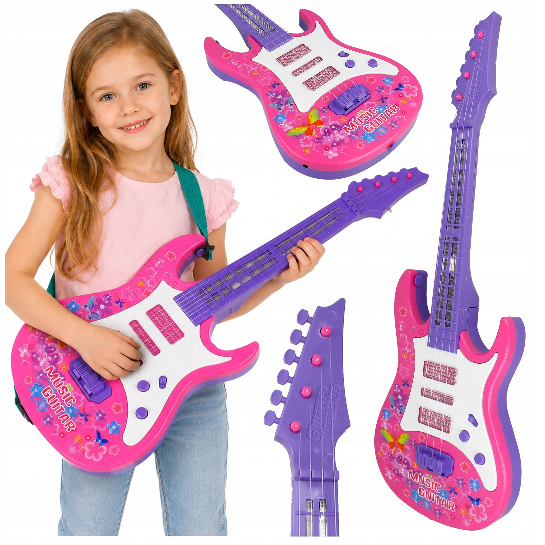 Uśmiechnięta dziewczynka trzyma różowo-fioletową gitarę zabawkową, pokazaną w wielu widokach na białym tle.
