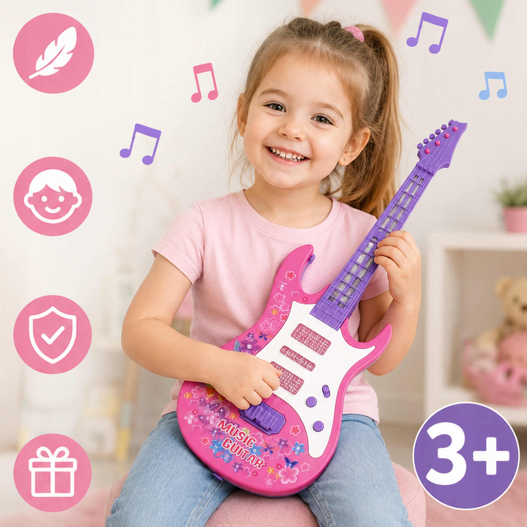 Uśmiechnięta dziewczynka gra na różowej gitarze z nutami.