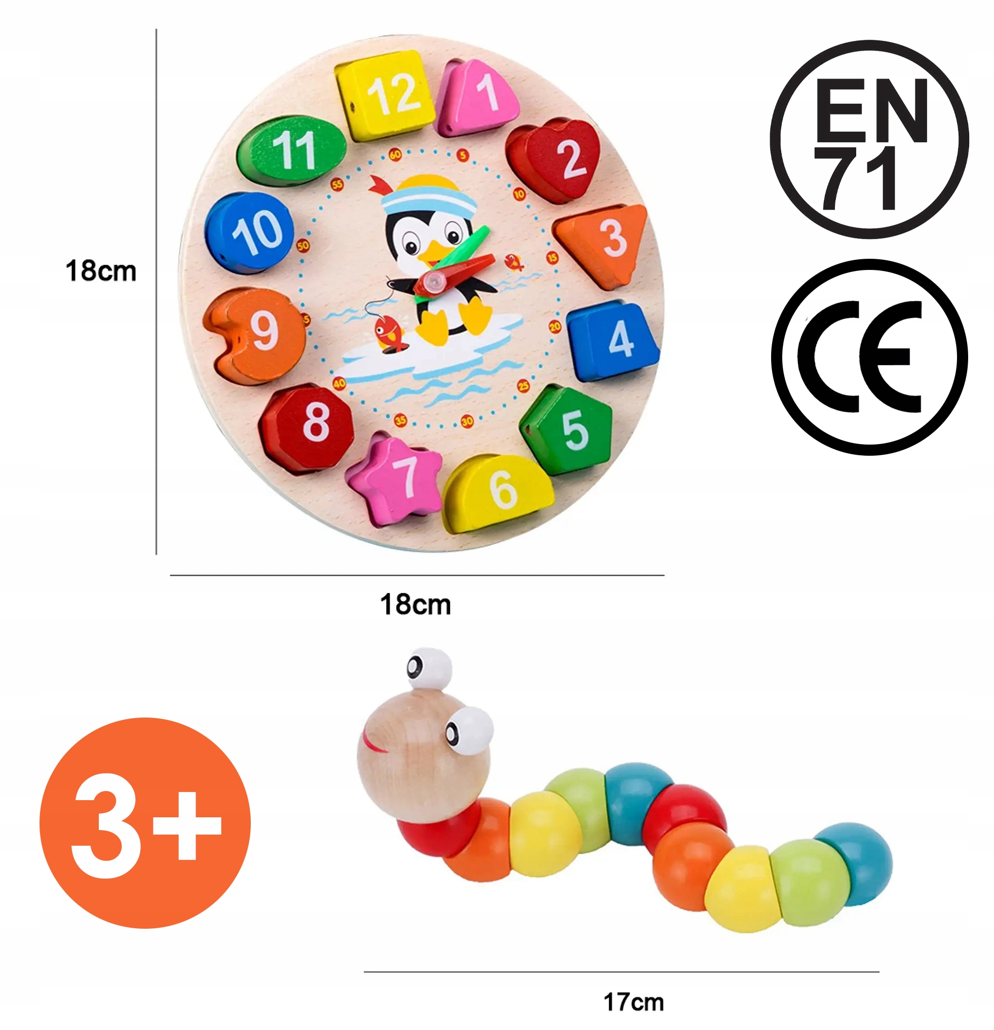 Kolorowe drewniane puzzle z zegarem i motywem pingwina oraz kolorowa drewniana gąsienica z oznaczeniem 3+.