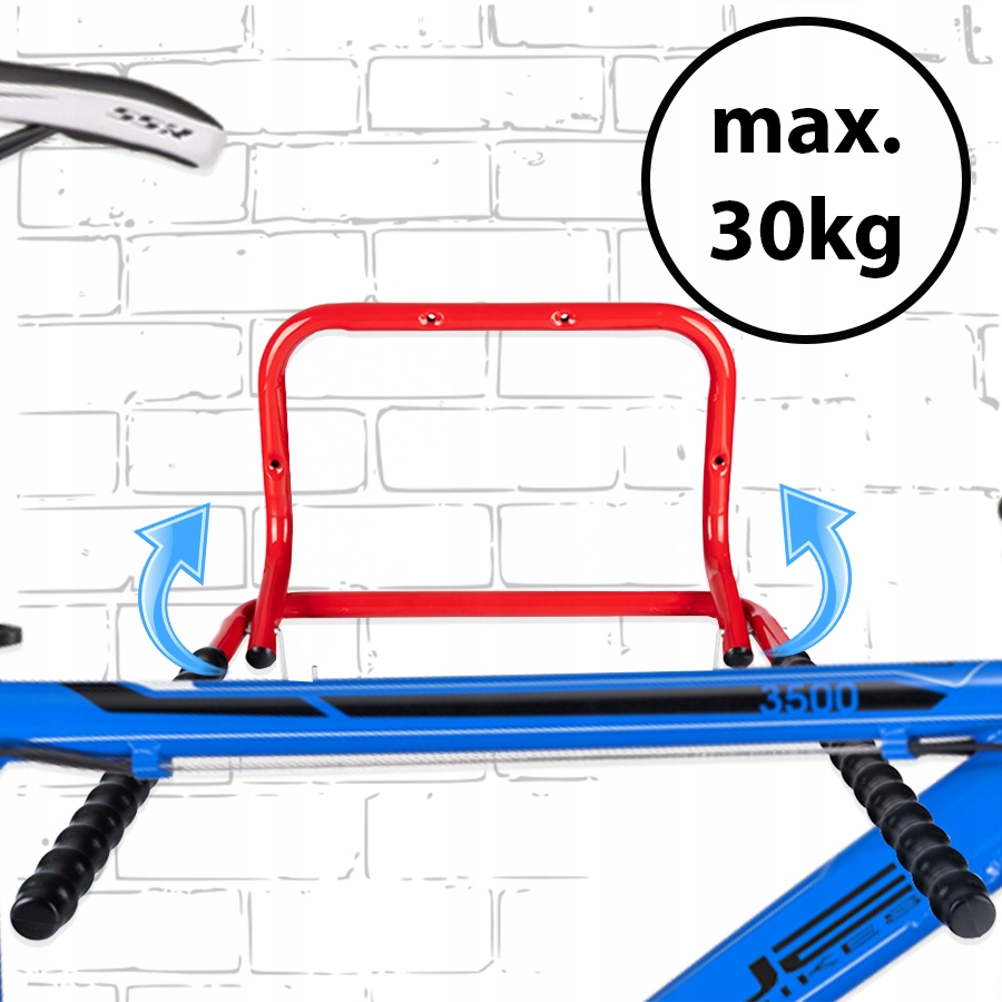 Czerwony ścienny uchwyt na rower z niebieskimi strzałkami i napisem 'max. 30kg' na tle z cegły.