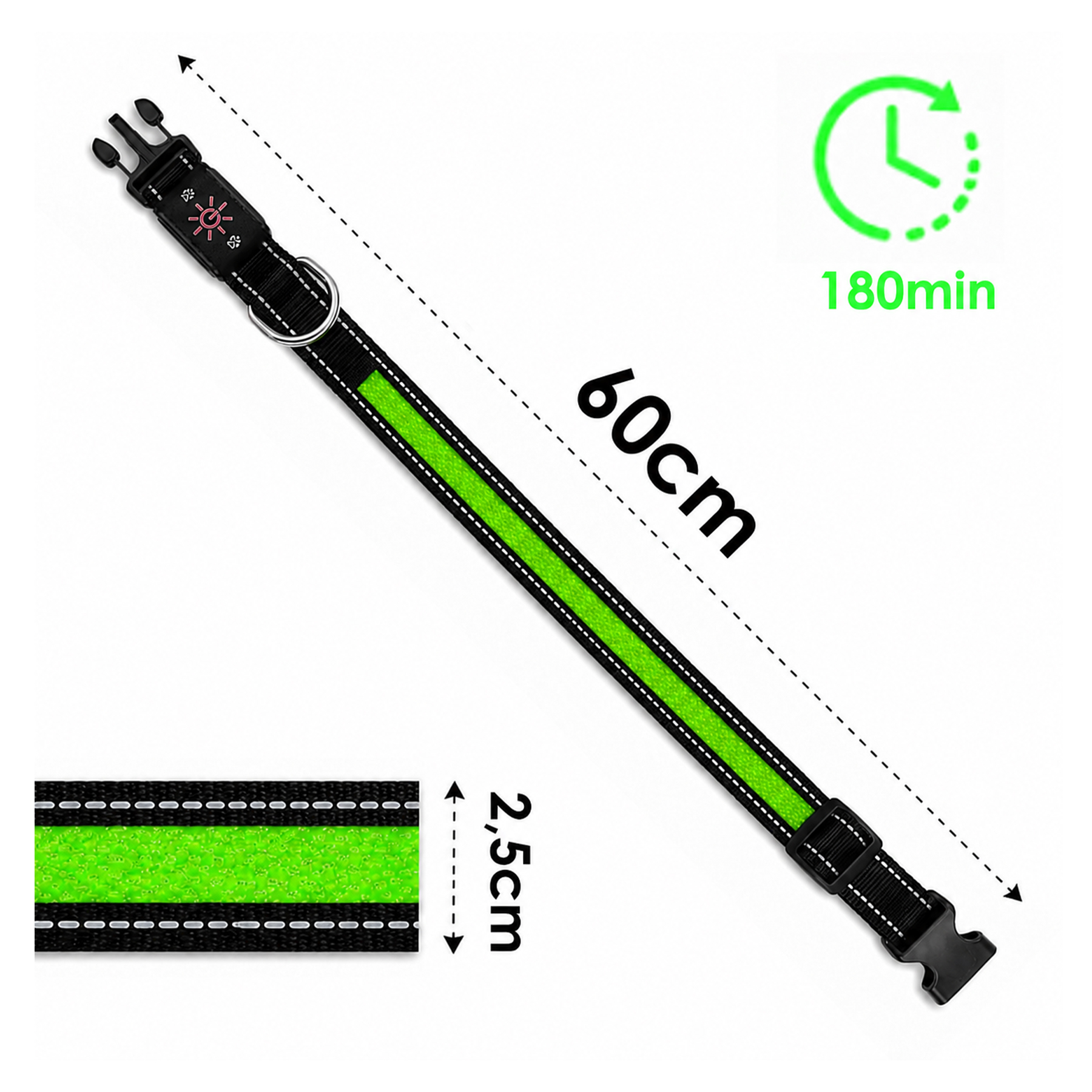 Czarna obroża LED dla psa z zielonym światłem, 60cm długości i 2.5cm szerokości, czas pracy 180 min.