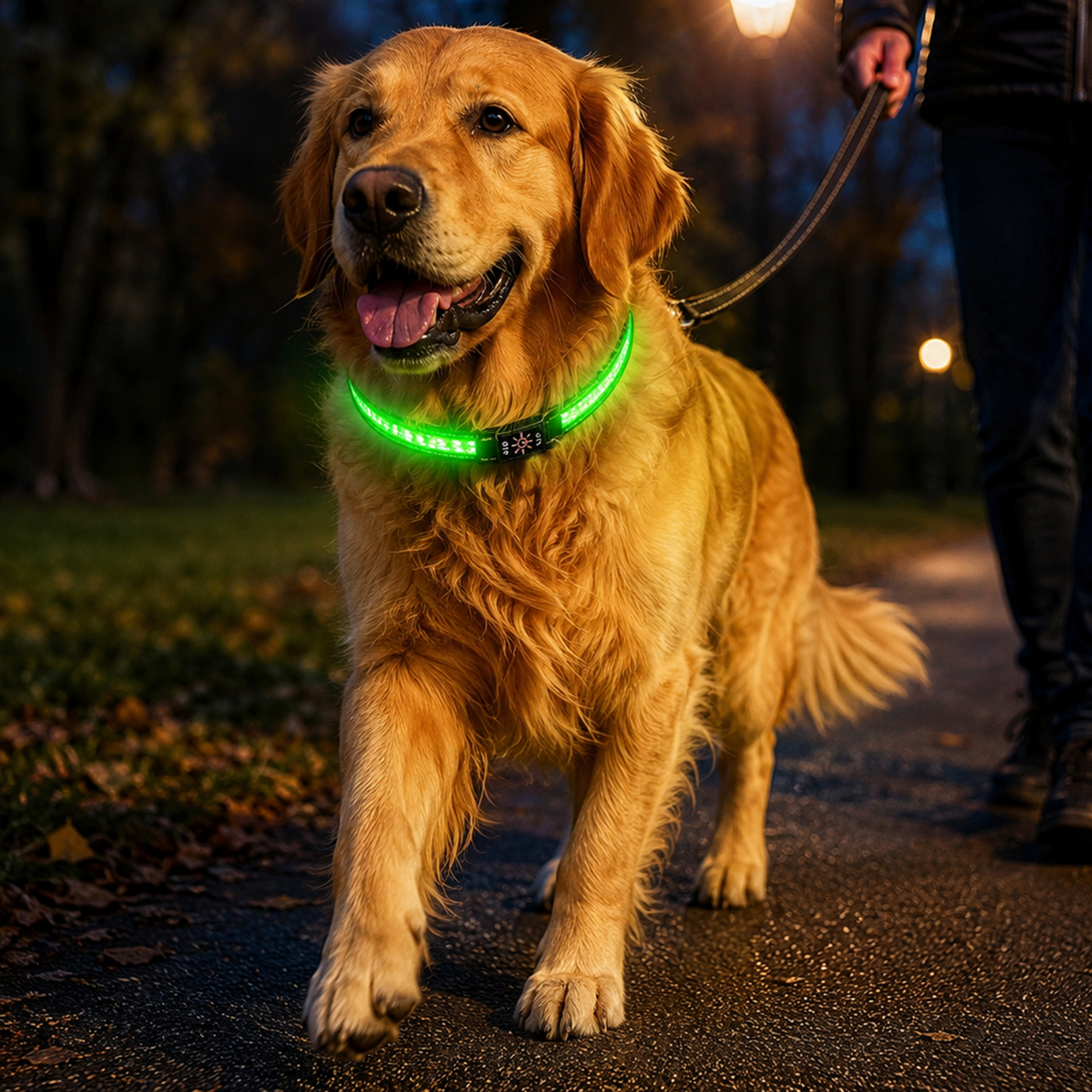 Złoty retriever idzie ścieżką w nocy w świecącej zielonej obroży LED, prowadzony przez osobę na smyczy.
