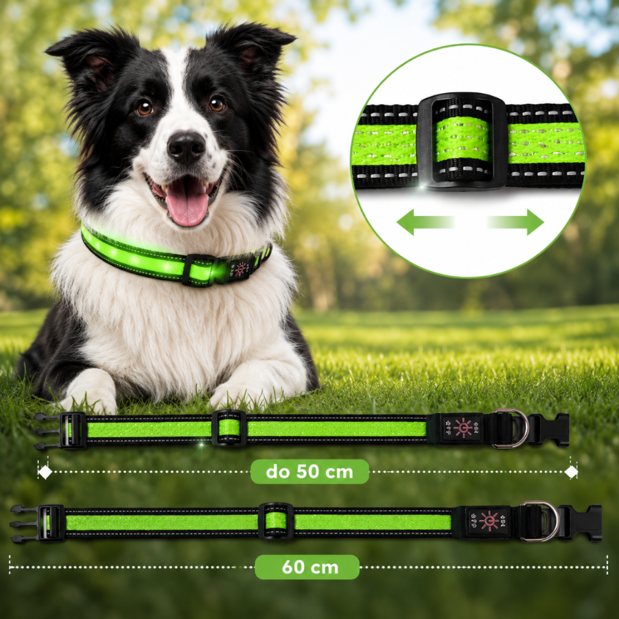 Border Collie lezy na trawie w swiecacej zielonej obrozy, pokazanej ponizej w dwóch dlugosciach i zblizeniu.