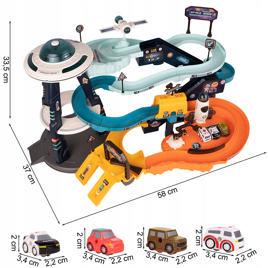 Zabawka o tematyce kosmicznej z torem samochodowym, garażem i czterema małymi autkami z wymiarami.