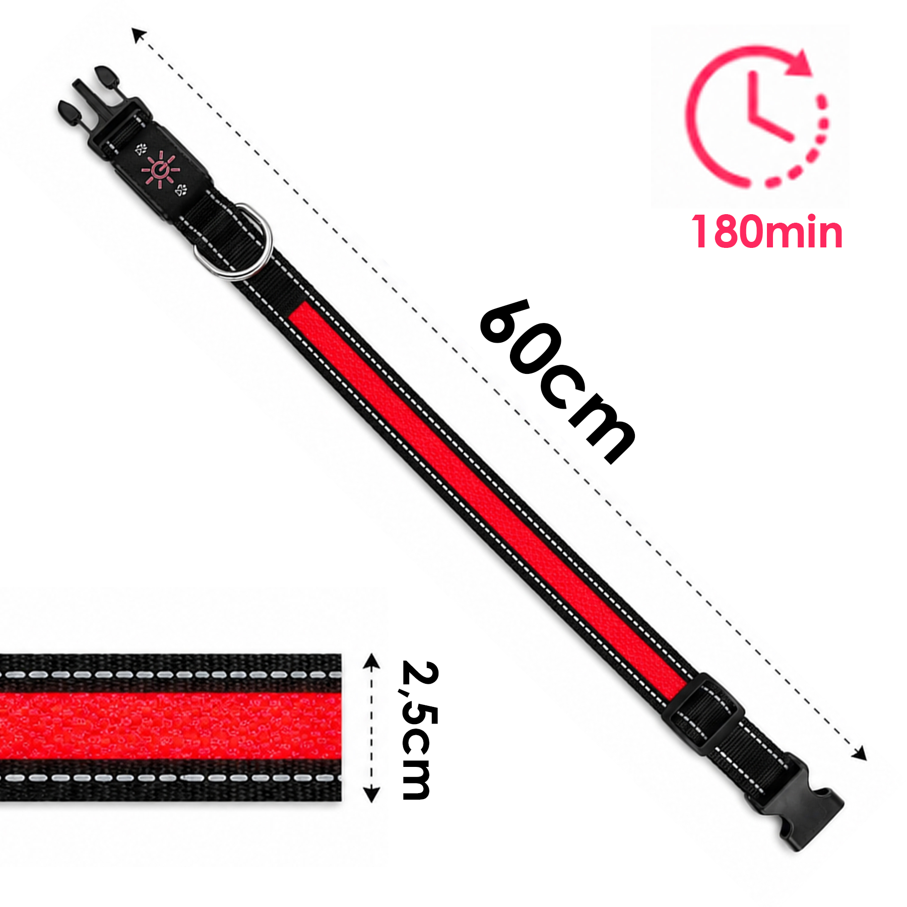Czarna obroża LED dla psa z czerwonym paskiem, długa na 60 cm, szeroka na 2,5 cm, z baterią na 180 minut.