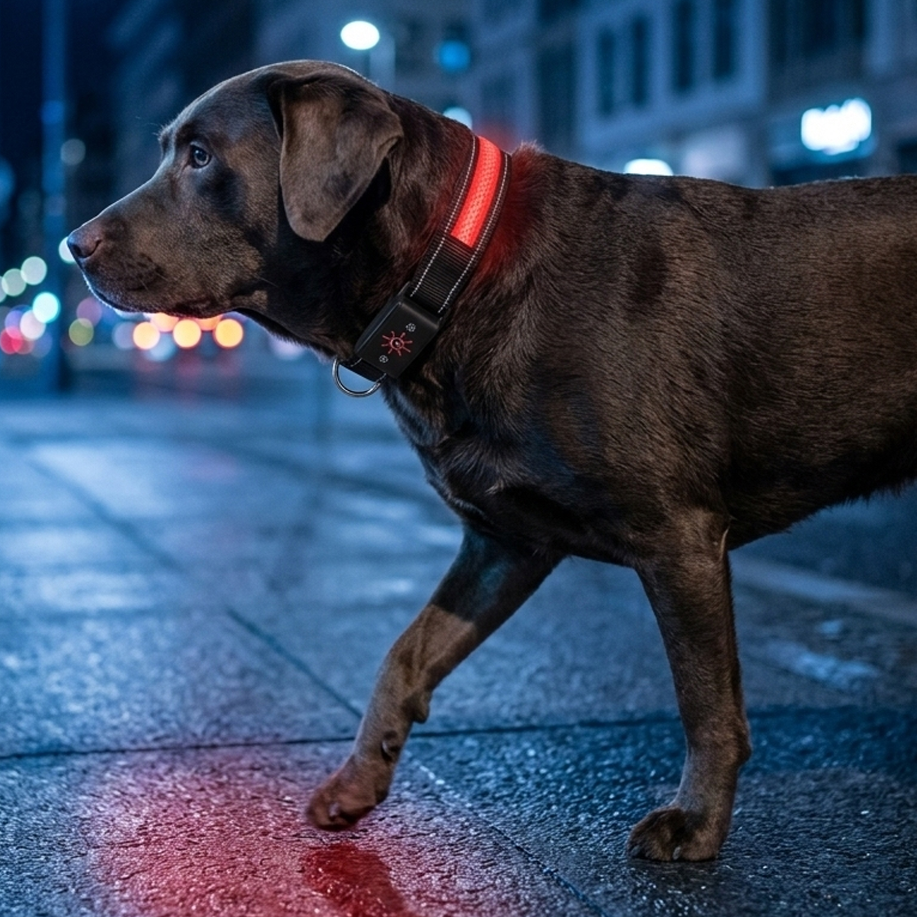 Brązowy labrador z czerwoną obrożą LED idzie nocą po chodniku.
