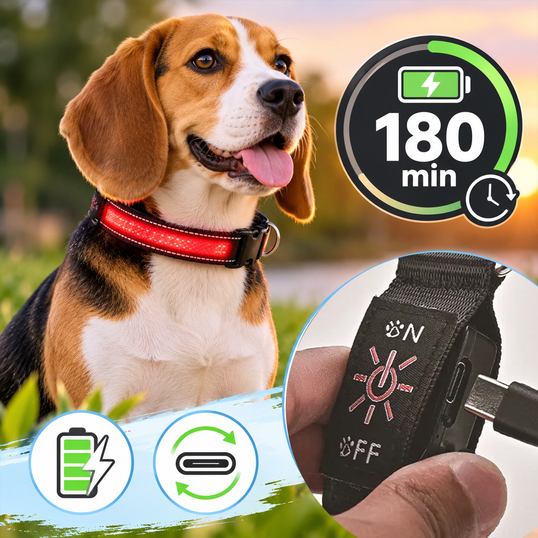 Beagle w świecącej czerwonej obroży LED, z grafiką ładowania i wtyczką USB-C.