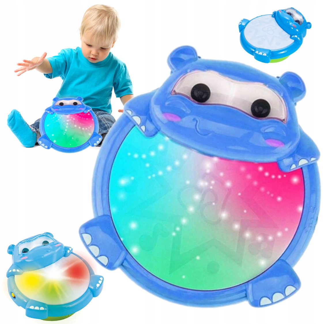 Maluch siedzi obok niebieskiej zabawki hipopotama ze świecącą powierzchnią projekcyjną w różnych ujęciach.