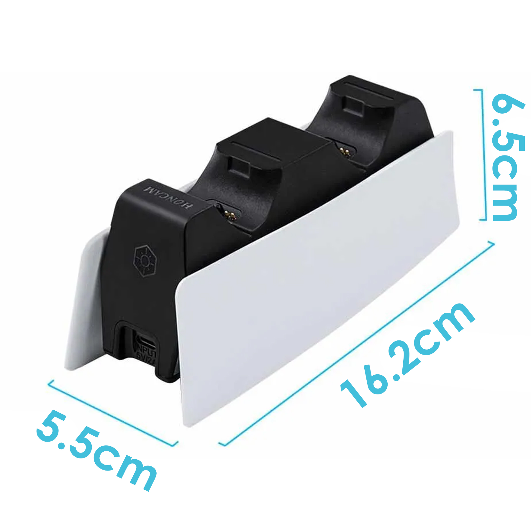 Czarno-biała stacja ładująca do dwóch kontrolerów z niebieskimi etykietami wymiarów wskazującymi 16,2 cm, 5,5 cm i 6,5 cm.