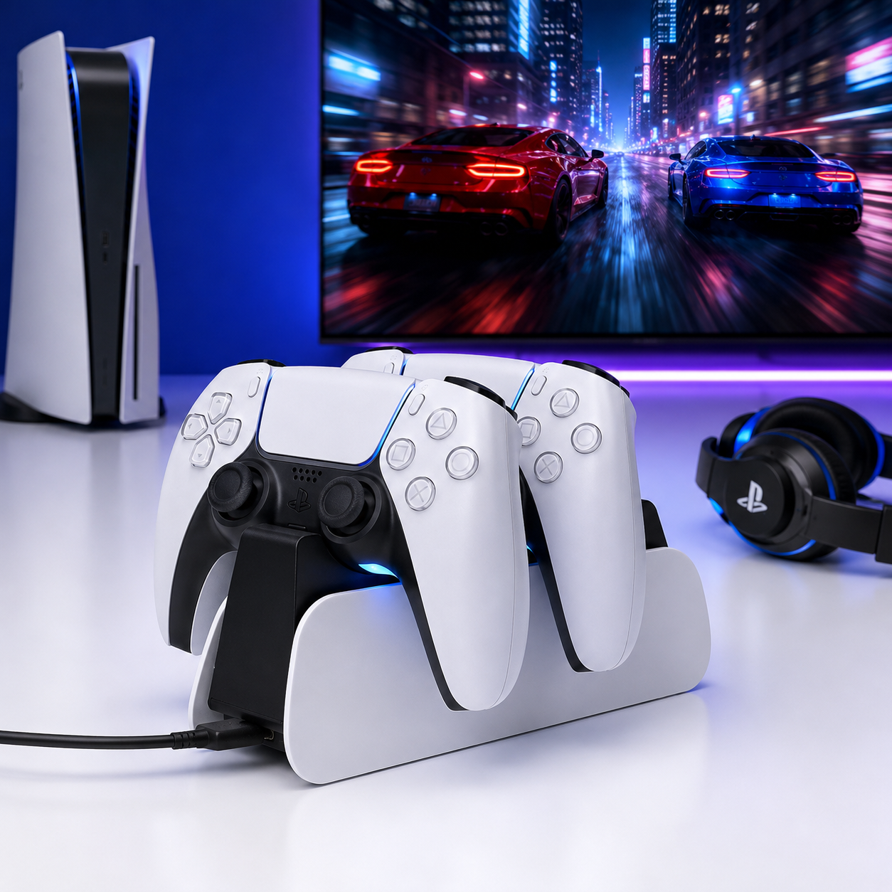 Zestaw PlayStation 5 z konsolą, dwoma kontrolerami na stacji ładującej, słuchawkami i grą wyścigową na ekranie.
